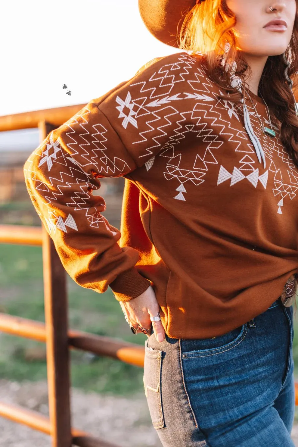 Aztec Embroidered Sweater - Rust