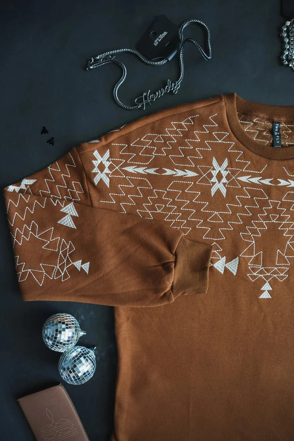 Aztec Embroidered Sweater - Rust