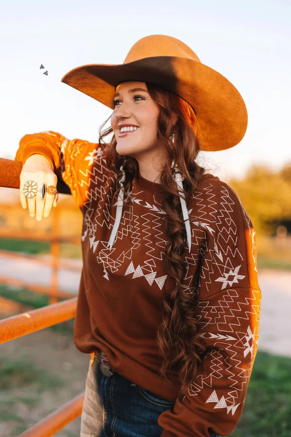 Aztec Embroidered Sweater - Rust