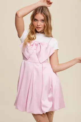 Baby Pink Bow Tie Mini Satin Dress