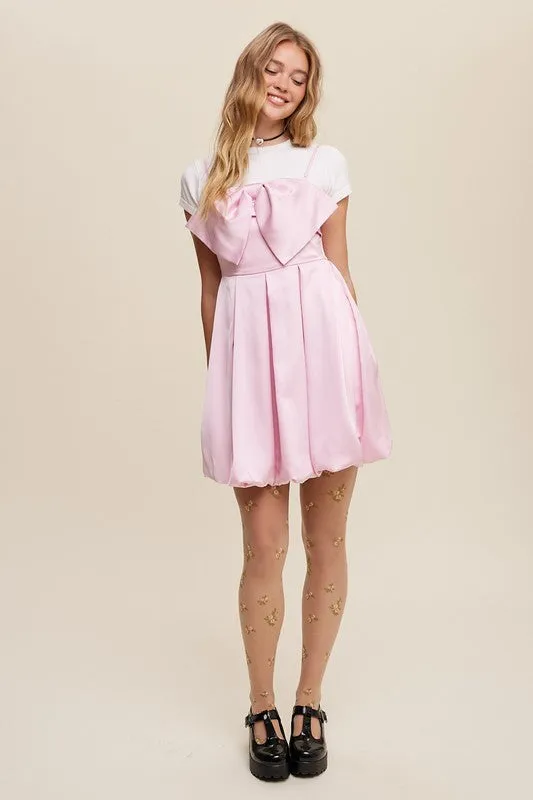 Baby Pink Bow Tie Mini Satin Dress