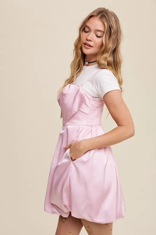 Baby Pink Bow Tie Mini Satin Dress