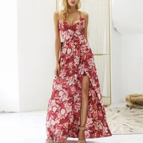 Backless Lace Up Floral Print Long Chiffon Boho Maxi Dress