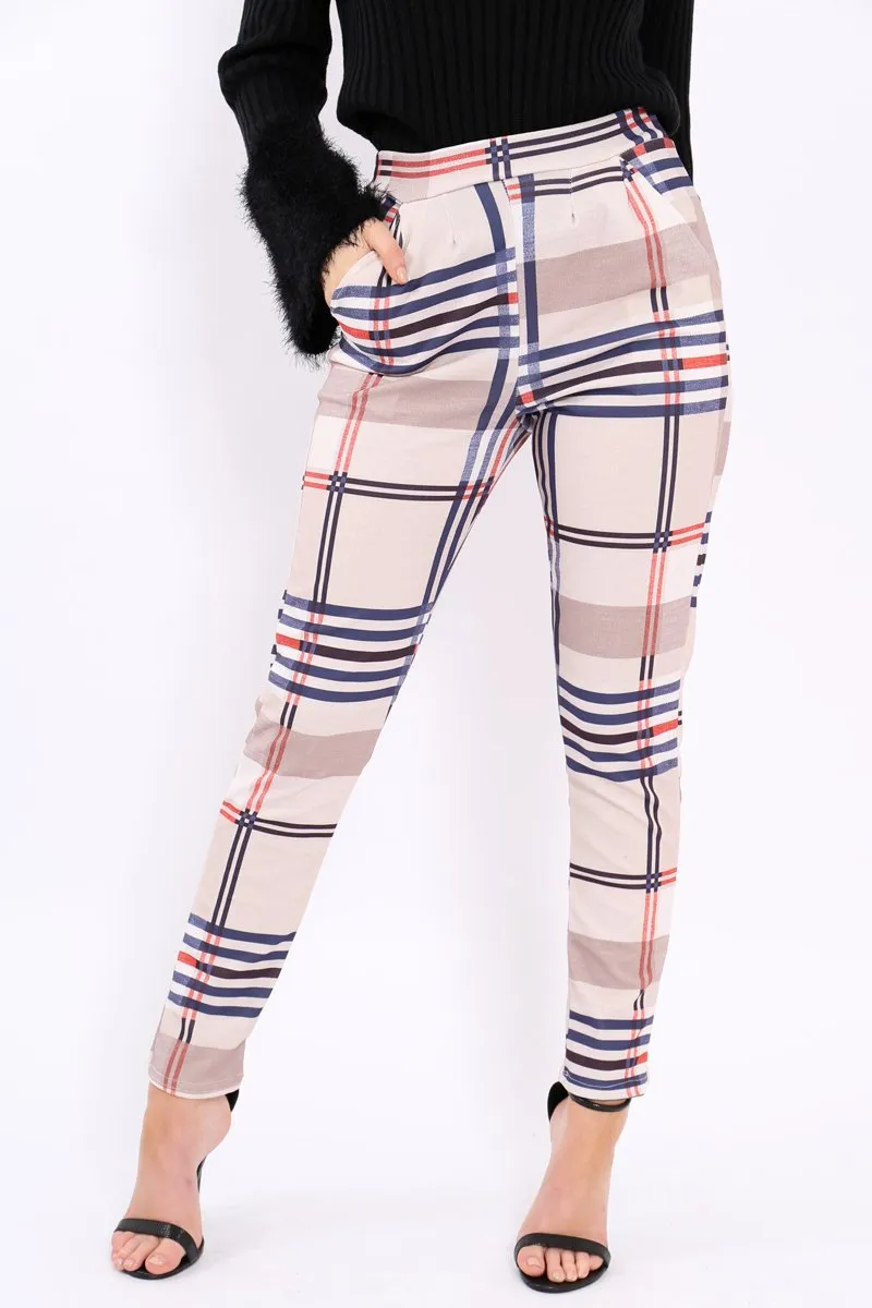 Beige Check Tapered Trousers - Jasmyn