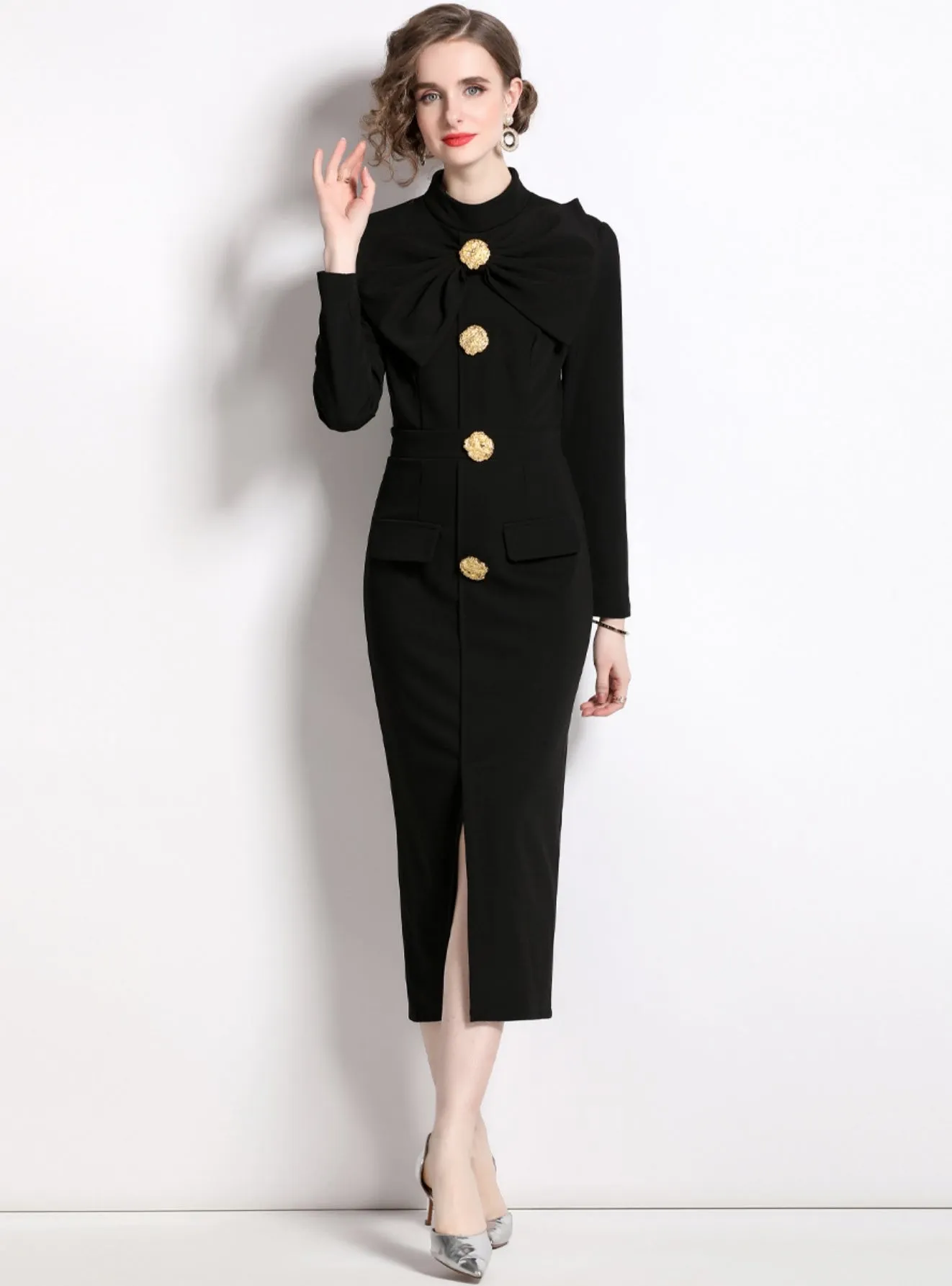 Black Bow Slim Long Sleeve Dress