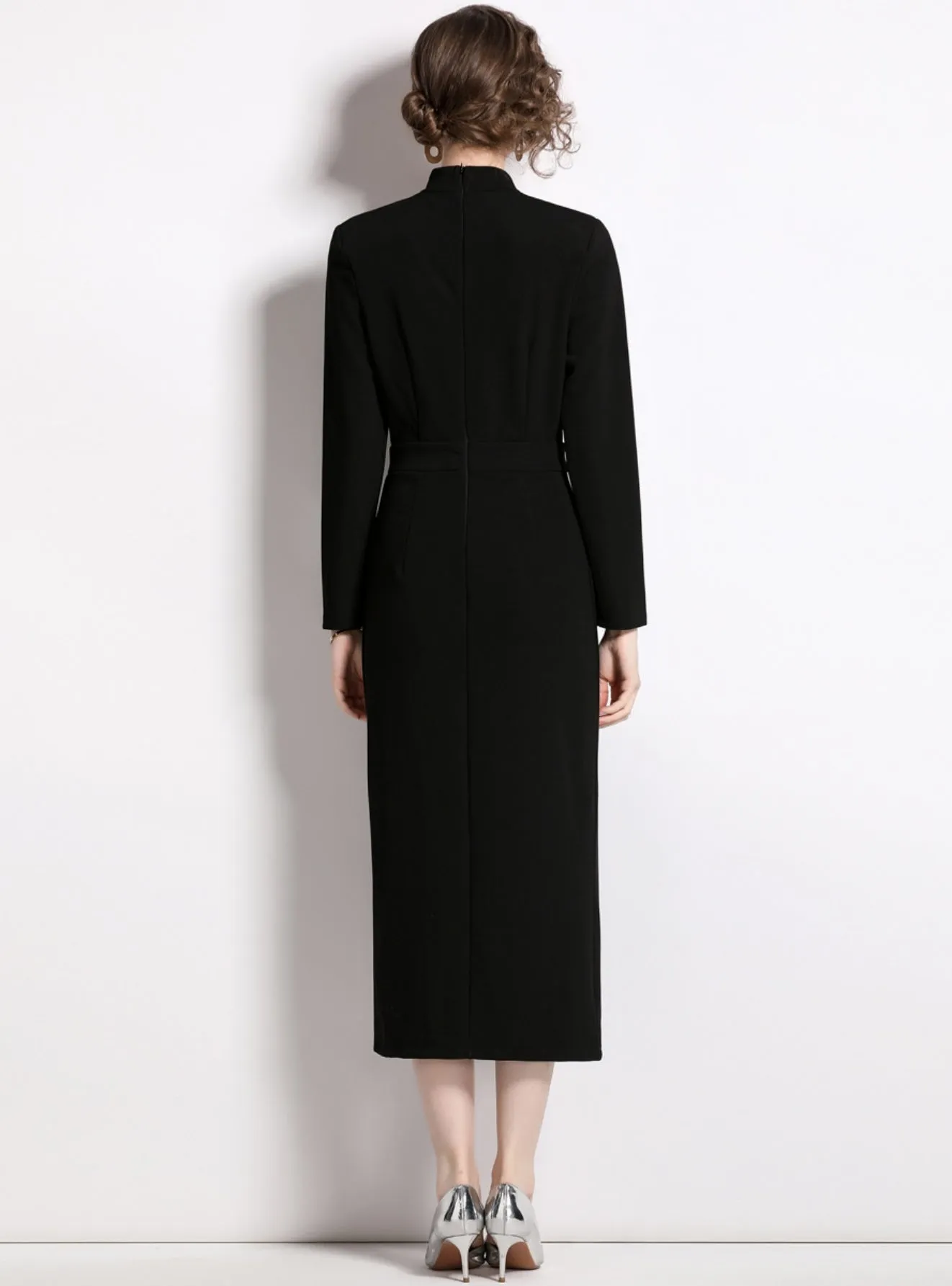 Black Bow Slim Long Sleeve Dress