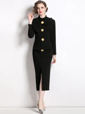 Black Bow Slim Long Sleeve Dress