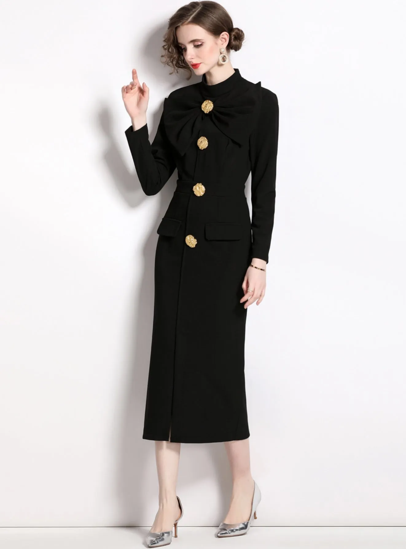 Black Bow Slim Long Sleeve Dress