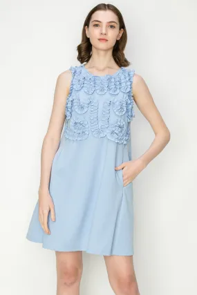 Blue Crewneck Floral Ruffled Sleeveless Mini Dress