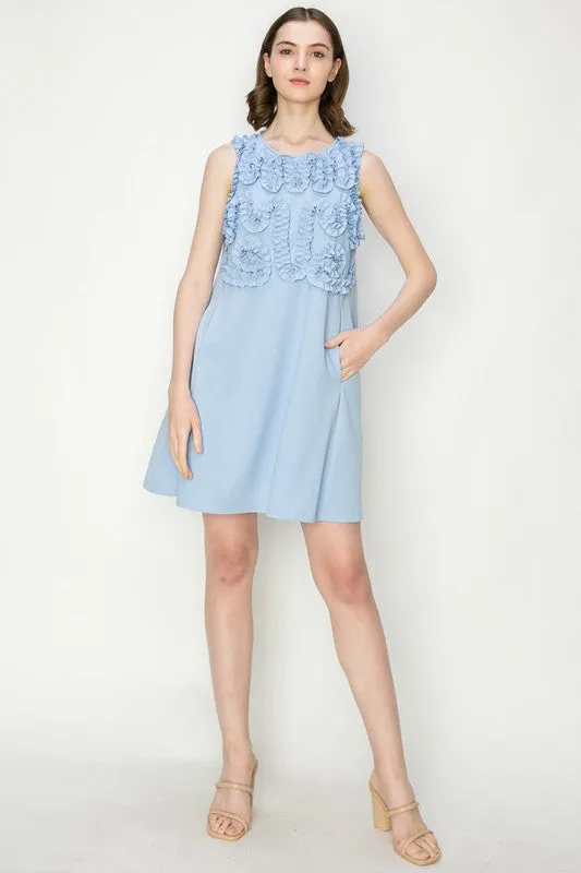 Blue Crewneck Floral Ruffled Sleeveless Mini Dress