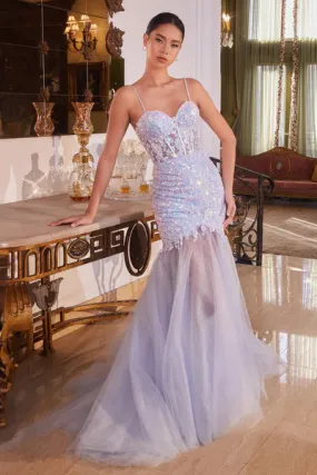 Blue Floral Sequined Light Blue Mermaid Gown