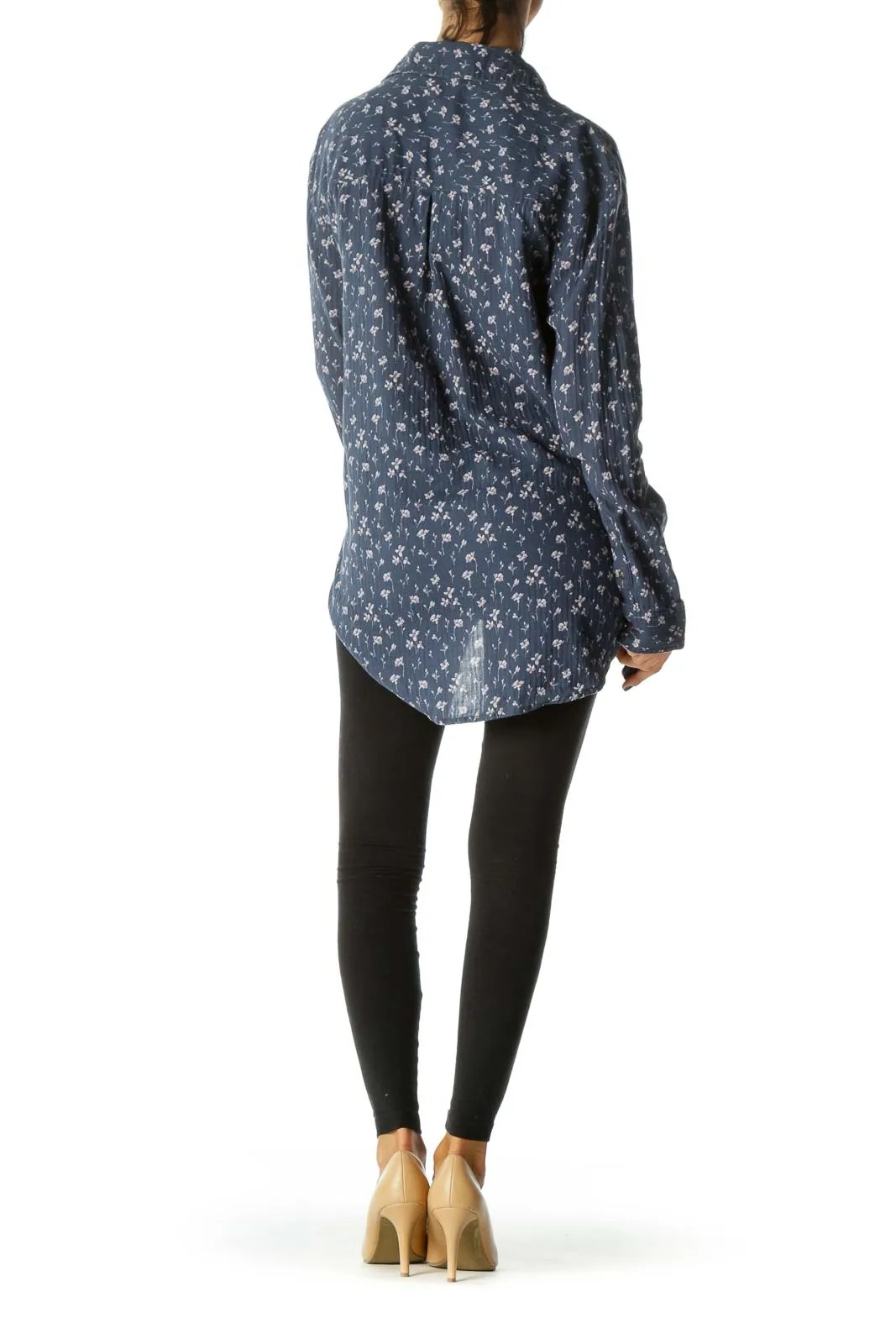 Blue Purple Cream Floral Print Long Sleeve Warm Shirt