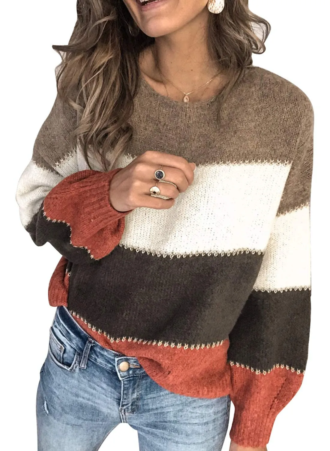 Brown Strap Womens Color Block Sweaters Long Sleeve Crewneck Pullover Knit Jumper Tops - Dokotoo