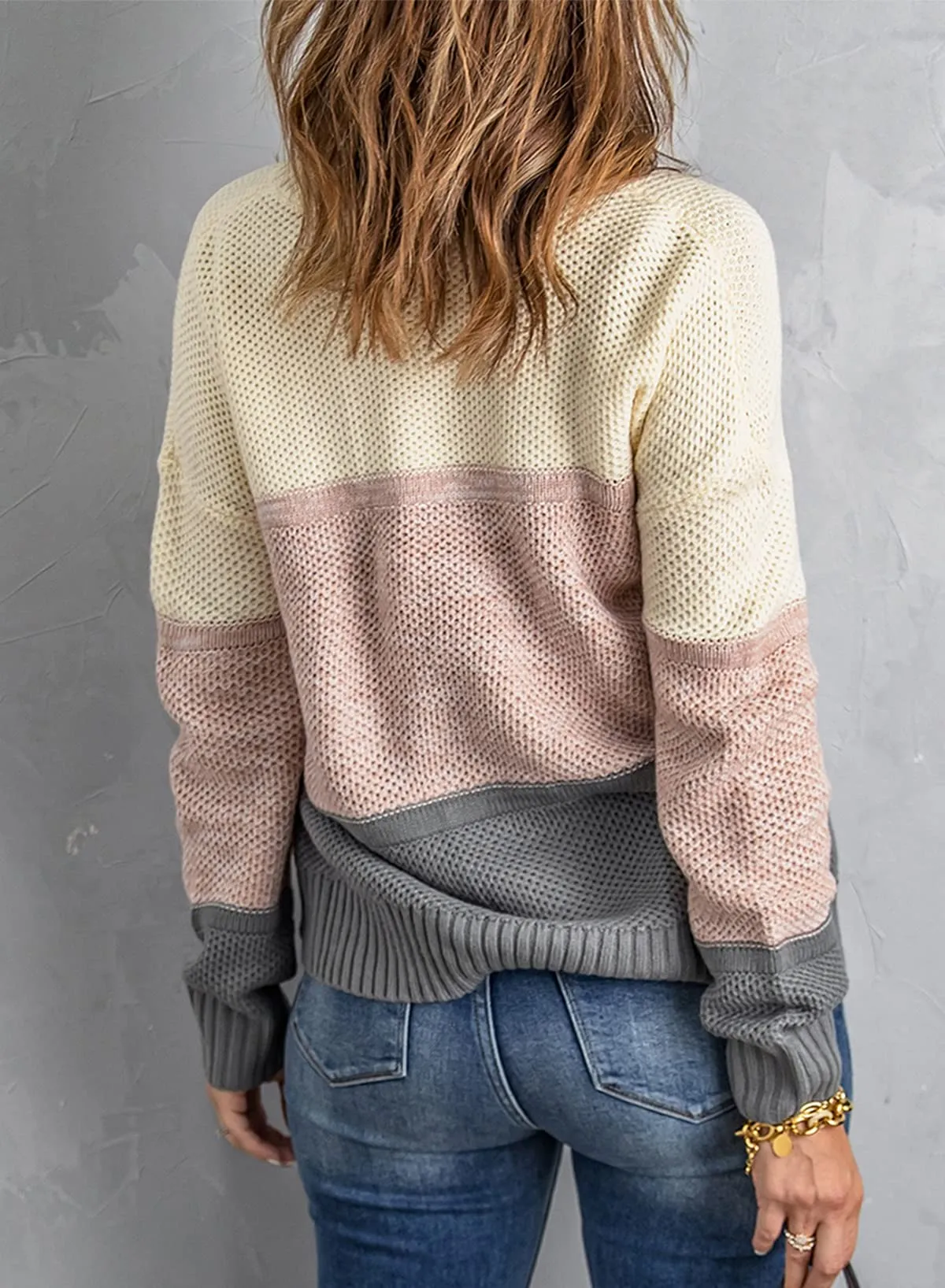 Brown Strap Womens Color Block Sweaters Long Sleeve Crewneck Pullover Knit Jumper Tops - Dokotoo