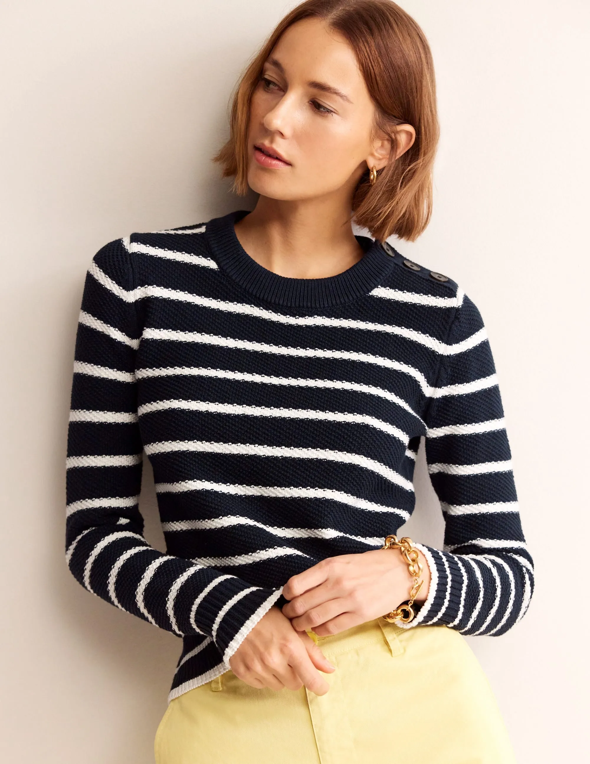 Button Detail Stitch Jumper-Navy, Warm Ivory