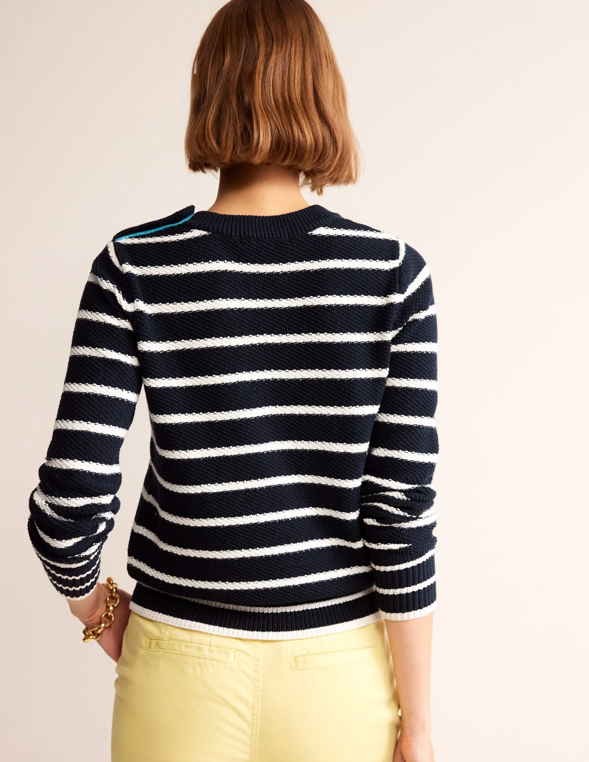 Button Detail Stitch Jumper-Navy, Warm Ivory