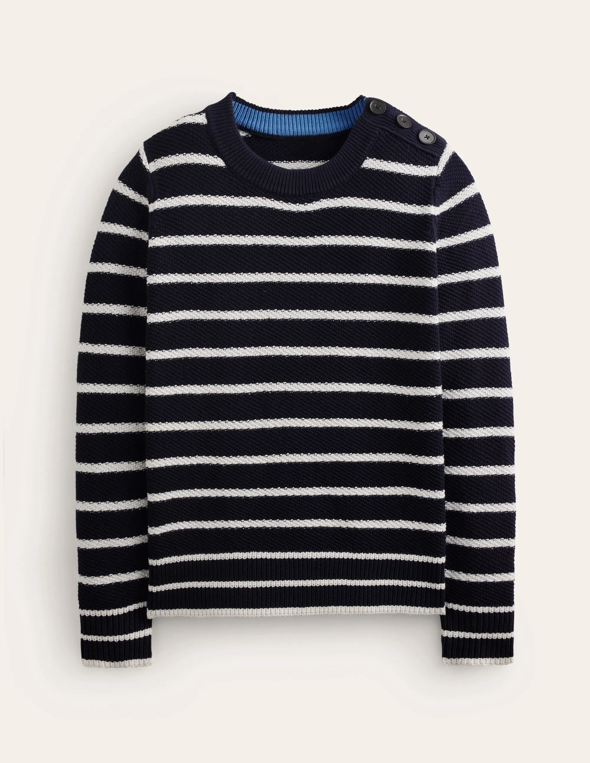 Button Detail Stitch Jumper-Navy, Warm Ivory