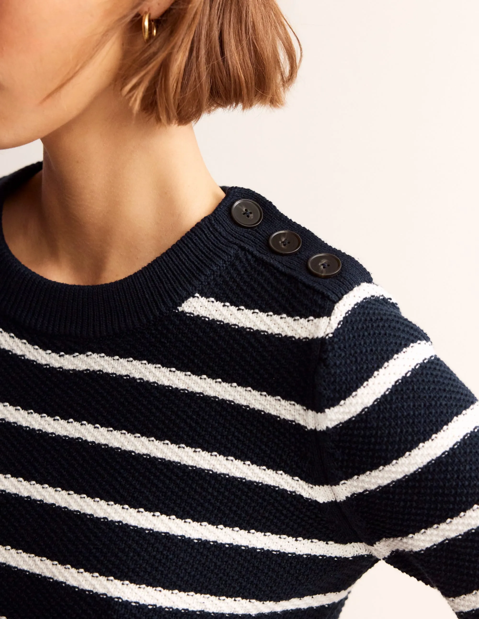 Button Detail Stitch Jumper-Navy, Warm Ivory