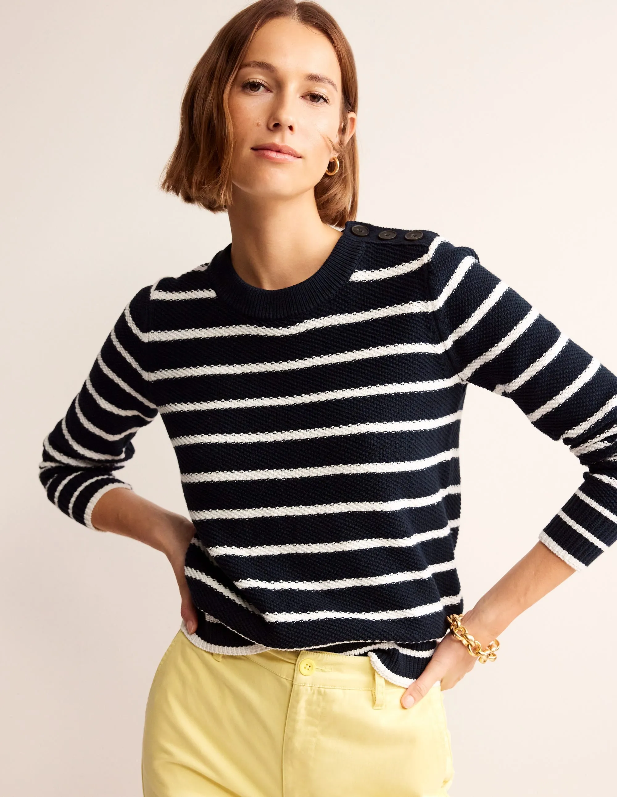 Button Detail Stitch Jumper-Navy, Warm Ivory