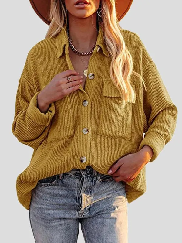 Button-Up Corduroy Long Sleeve Blouses with Pockets