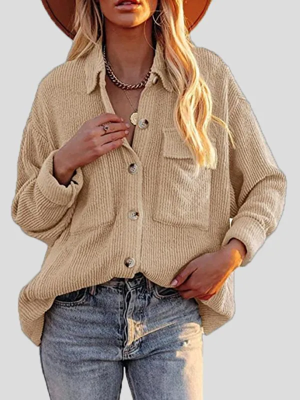 Button-Up Corduroy Long Sleeve Blouses with Pockets