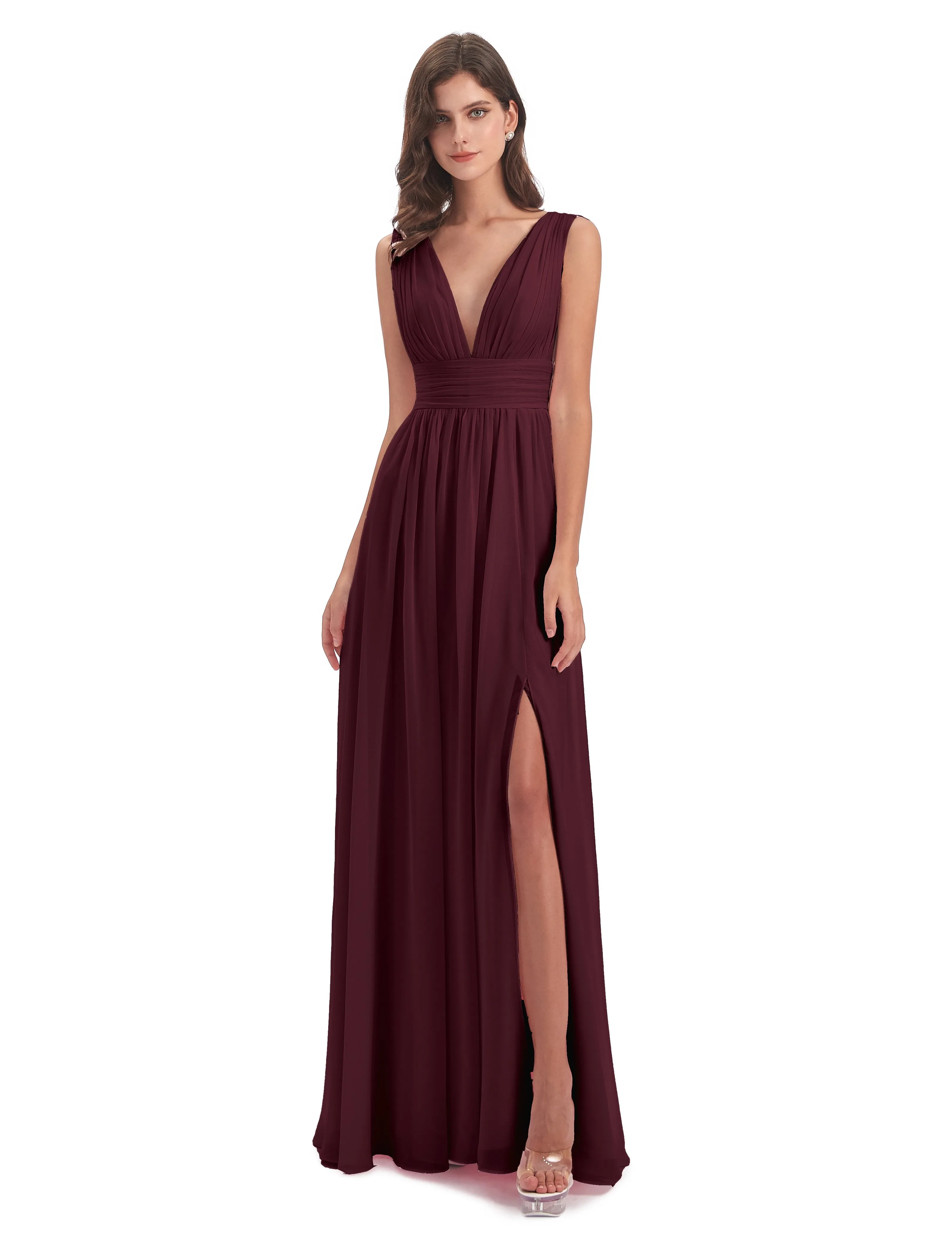 Cabernet Color Bridesmaid Dresses Charming Chiffon V Neck Split Long Bridesmaid Dresses