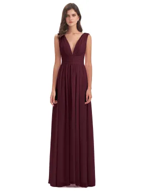 Cabernet Color Bridesmaid Dresses Charming Chiffon V Neck Split Long Bridesmaid Dresses