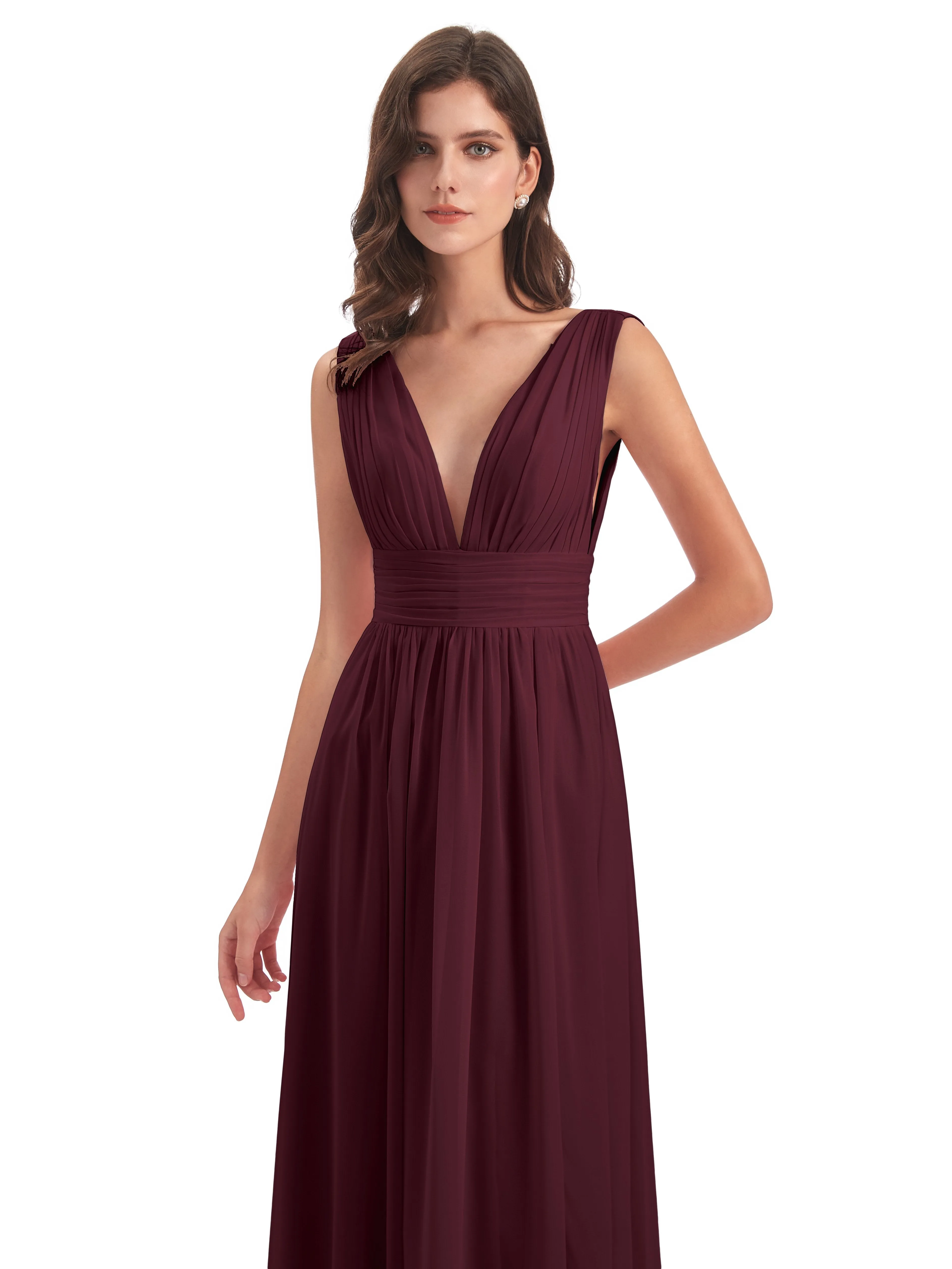 Cabernet Color Bridesmaid Dresses Charming Chiffon V Neck Split Long Bridesmaid Dresses