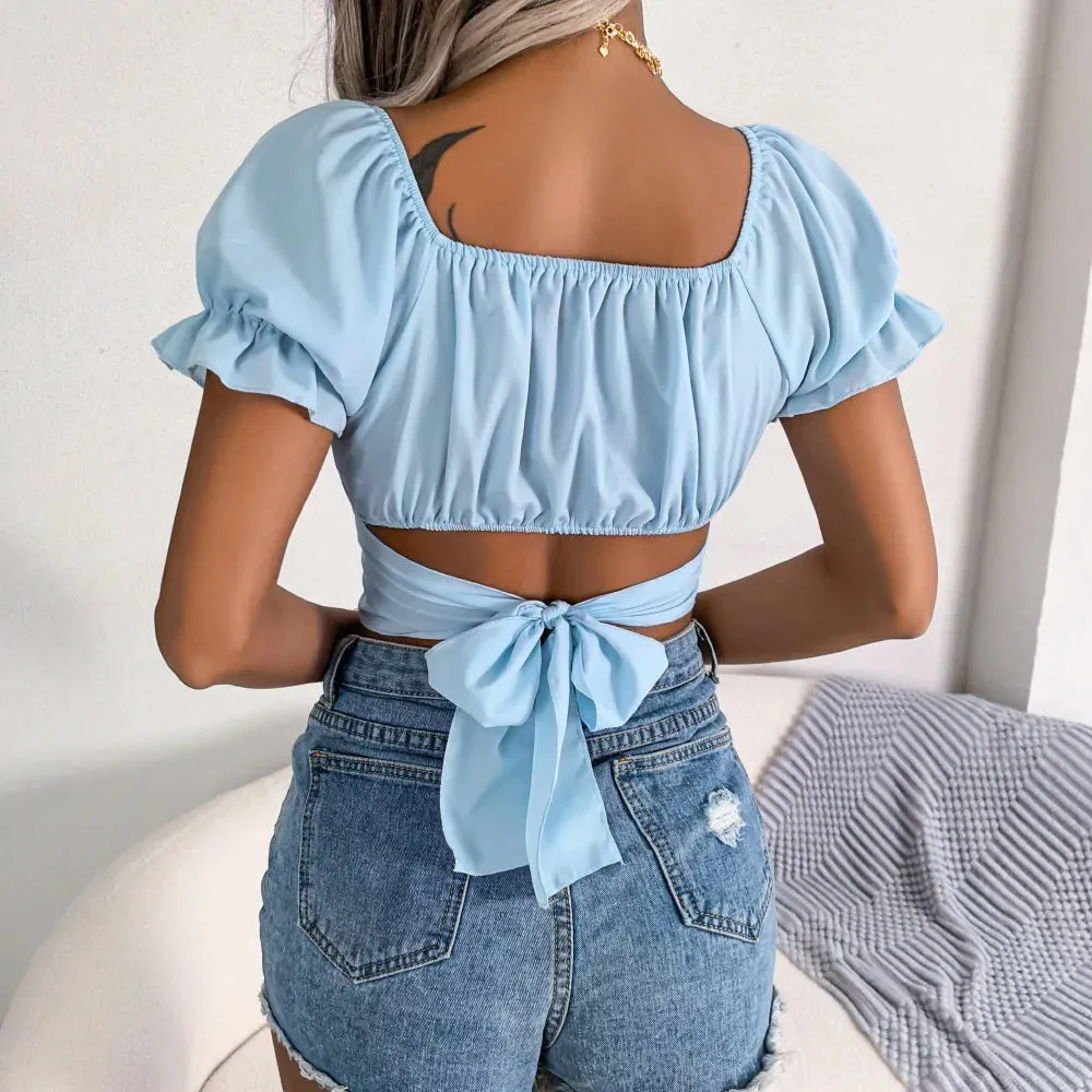 Casual Squared Neck Bodycon Chiffon Solid Stylish Ruffled Sleeve Blouse