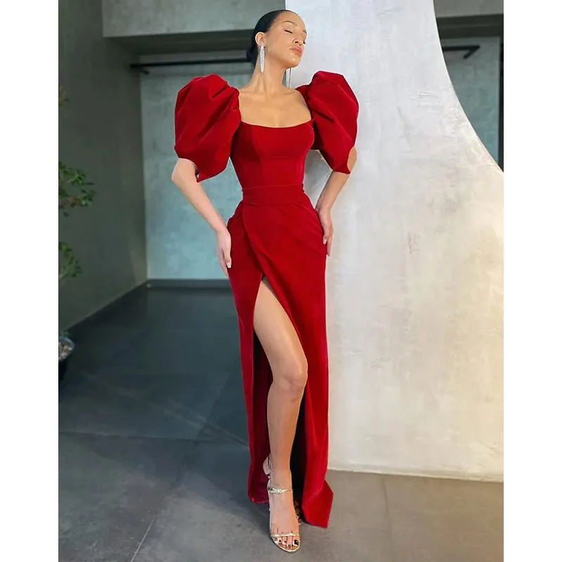 Chic Scoop Half Sleeves Red Vintage Prom Dress with Slit