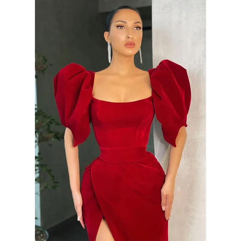 Chic Scoop Half Sleeves Red Vintage Prom Dress with Slit