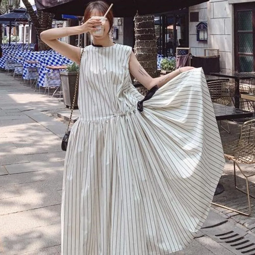 Chic Stripe Printed Drawstring Maxi Dress