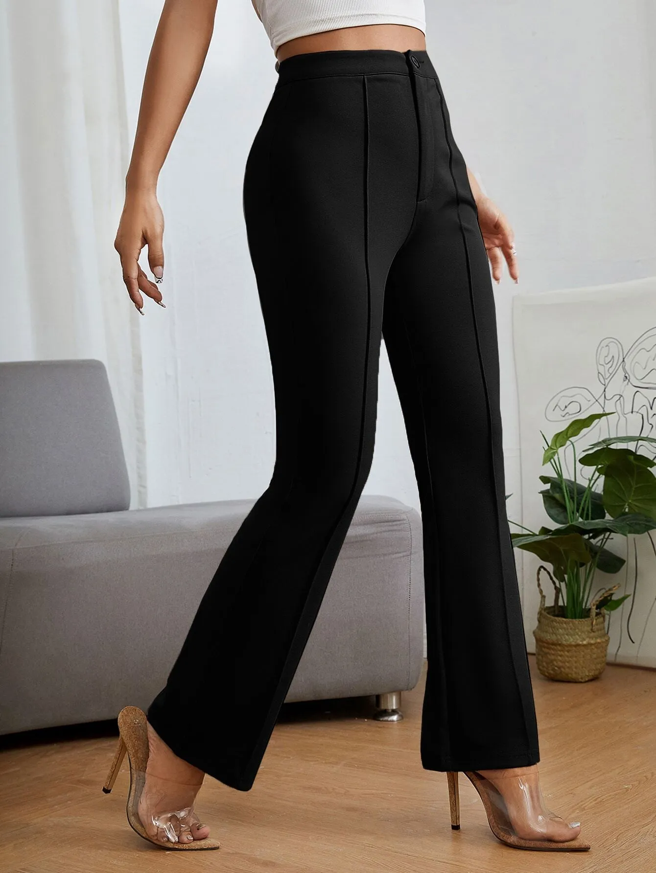 Chic Textured Black Casual Trousers