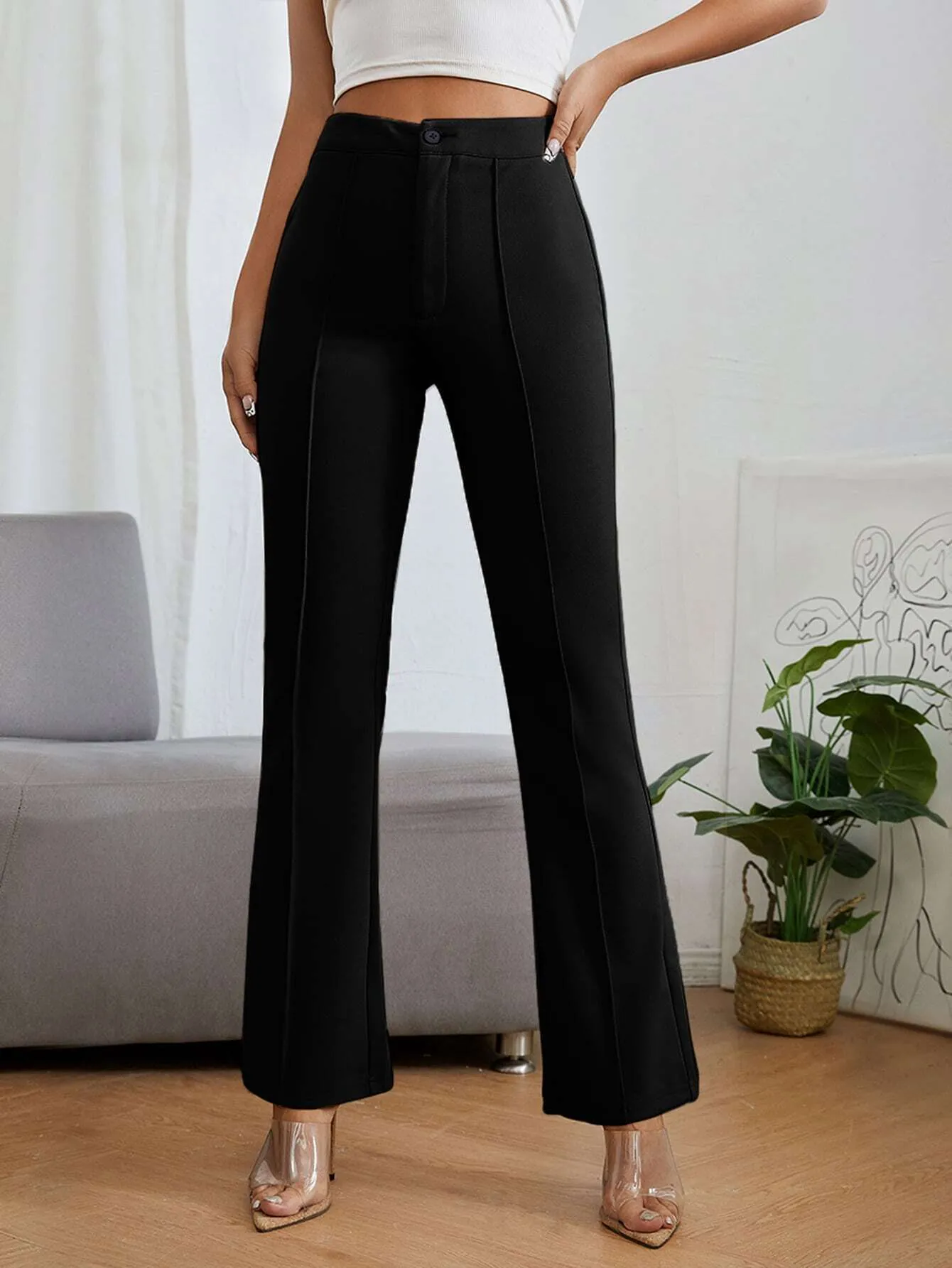 Chic Textured Black Casual Trousers