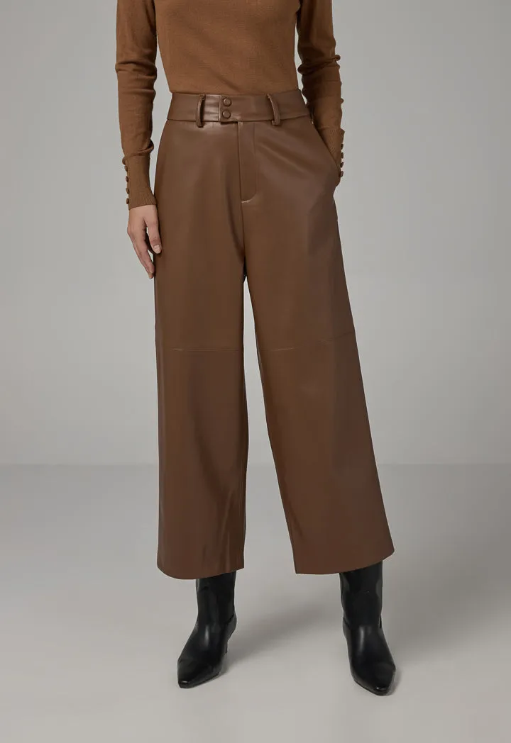 Choice Pu Leather Wide Legs Basic Trousers Brown