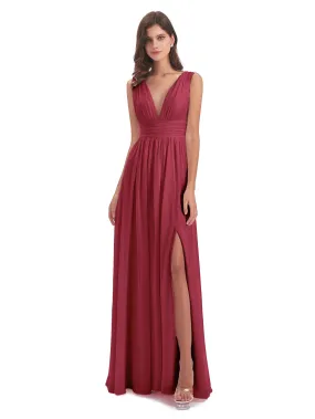 Cinnamon Rose Bridesmaid Dress Charming Chiffon V Neck Split Long Bridesmaid Dresses