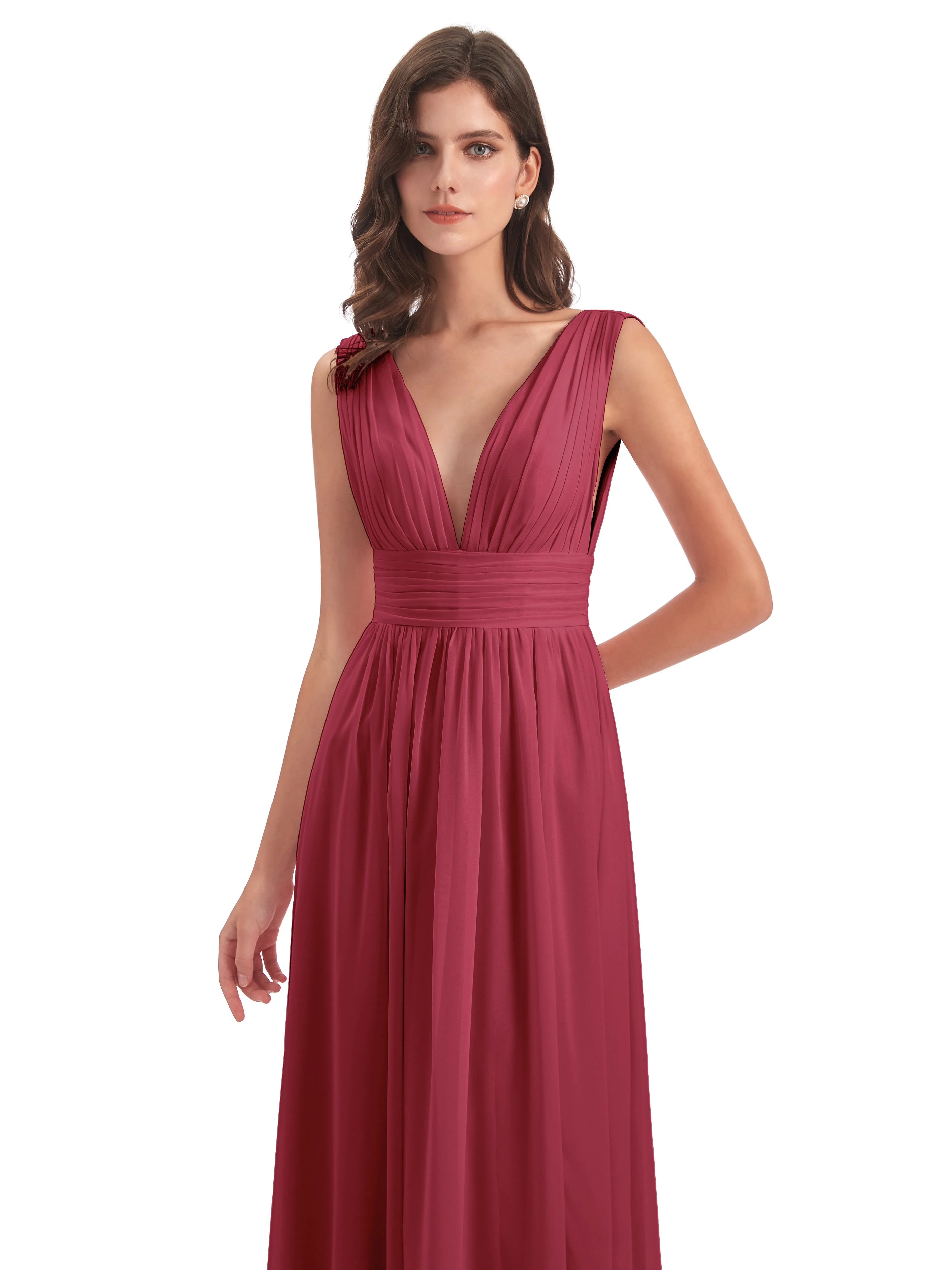 Cinnamon Rose Bridesmaid Dress Charming Chiffon V Neck Split Long Bridesmaid Dresses