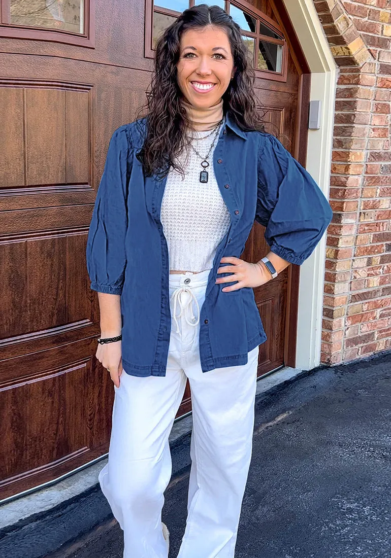 Cobalt Night Blue 2023 Denim Shirt Women Button Down Chambray Oversized Puff Sleeve Blouses Distressed Western Jean Tops