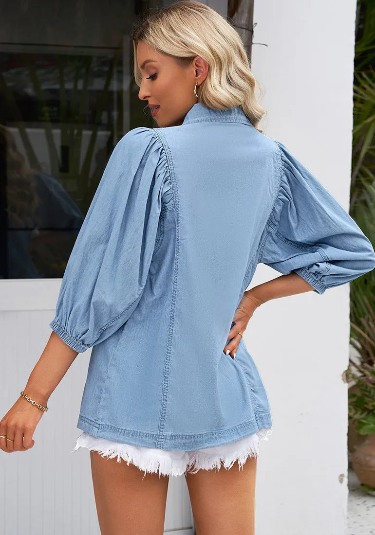 Cool Blue 2023 Denim Shirt Women Button Down Chambray Oversized Puff Sleeve Blouses Distressed Western Jean Tops