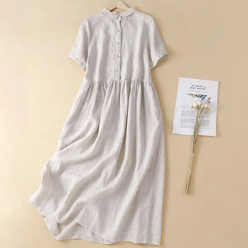 Cotton and linen casual shirt dress