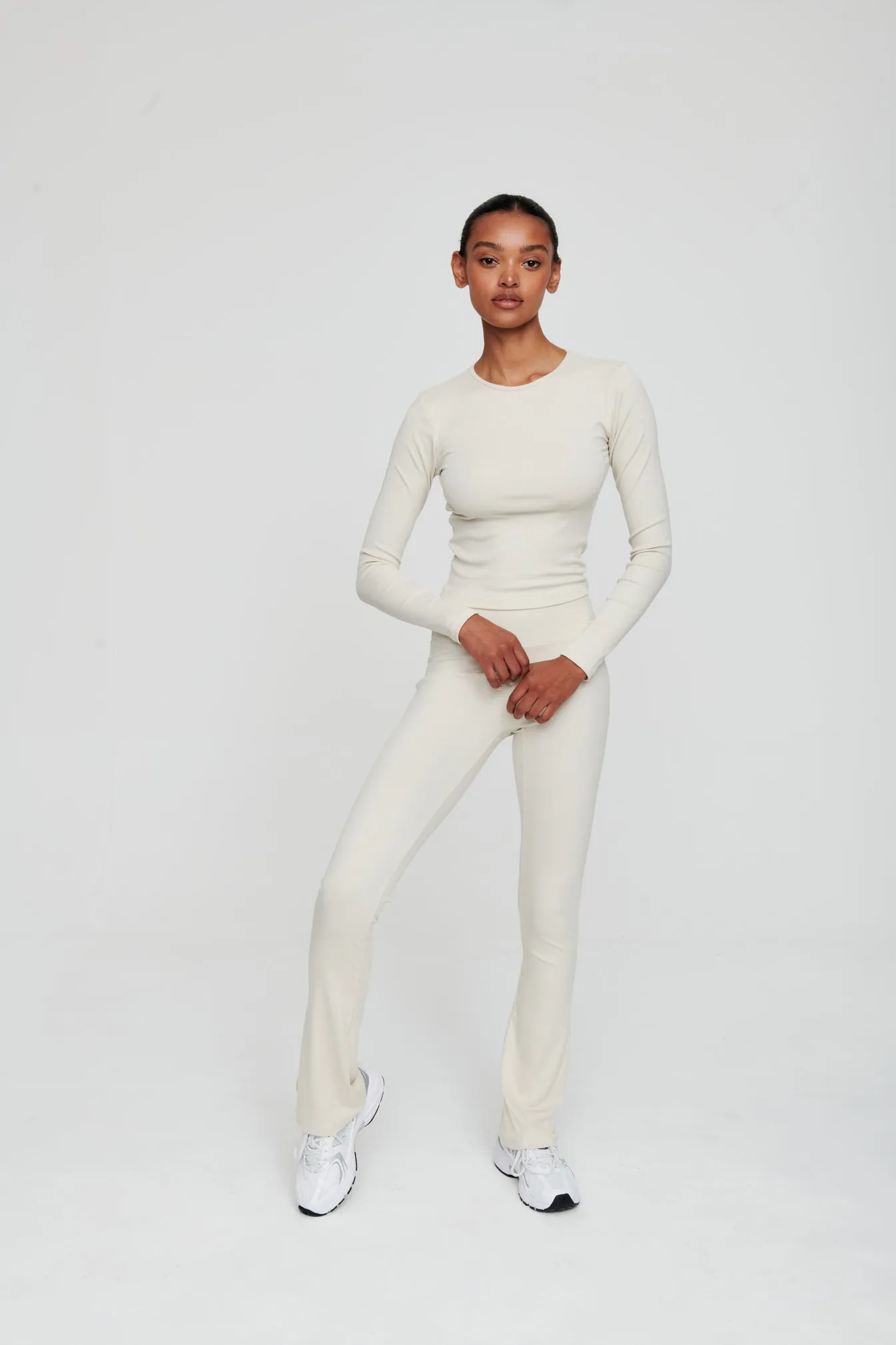 Dove White Ribbed Flare Trousers