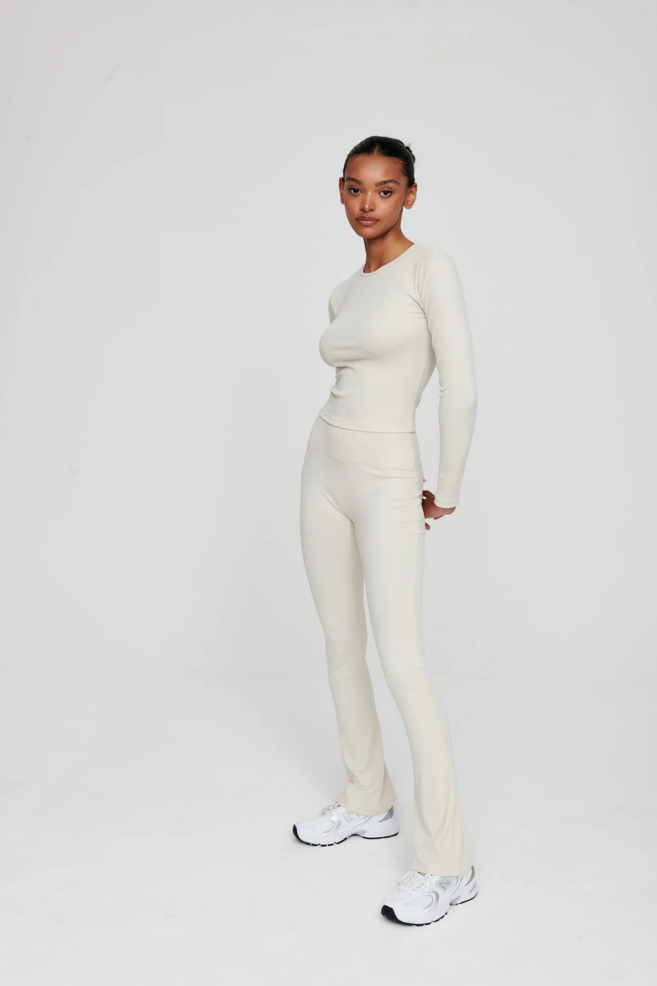 Dove White Ribbed Flare Trousers