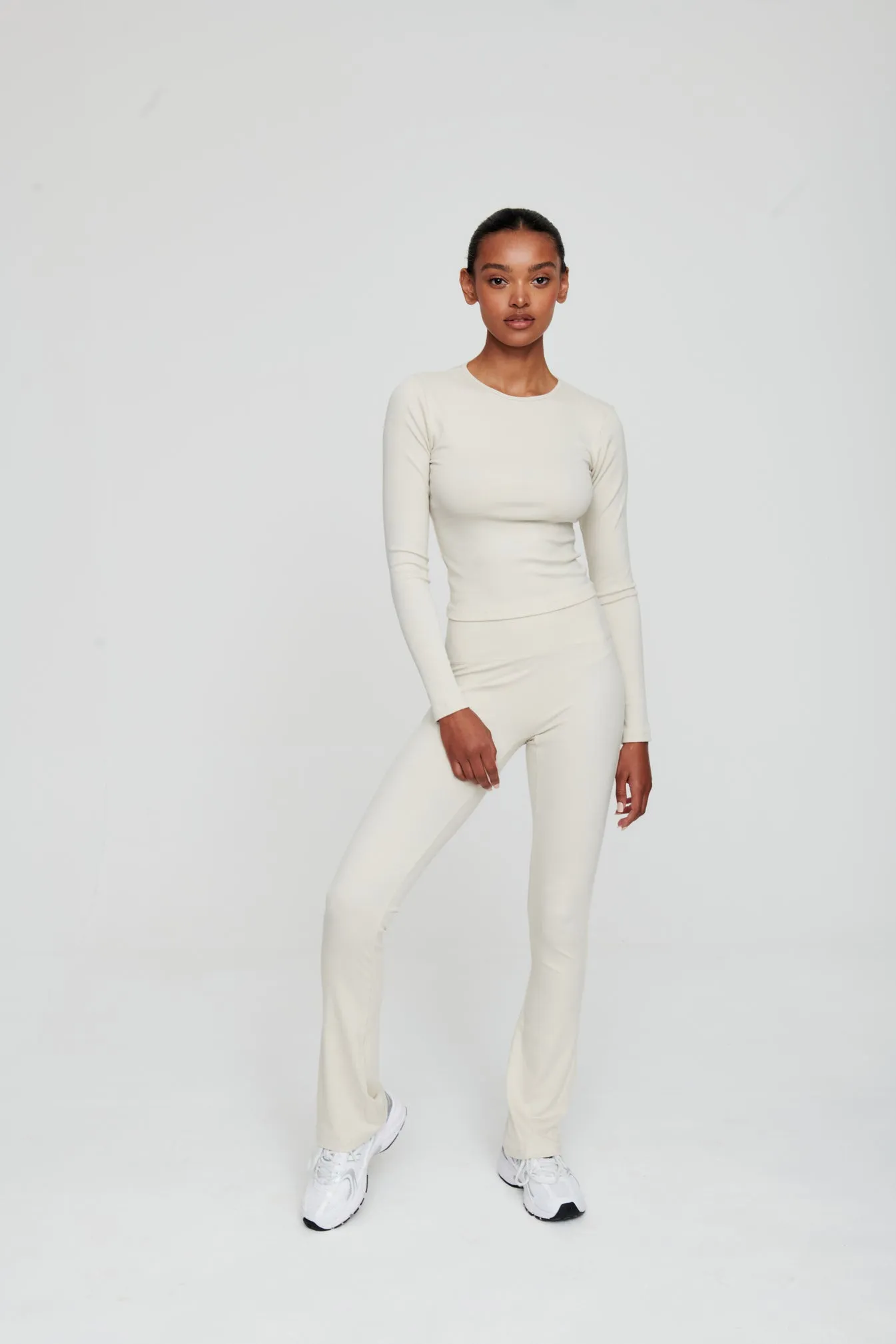 Dove White Ribbed Flare Trousers