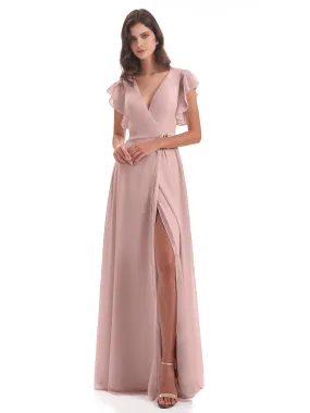 Dusty Rose Pink Bridesmaid Dresses Hope Charming V Neck Long Chiffon Bridesmaid Dresses