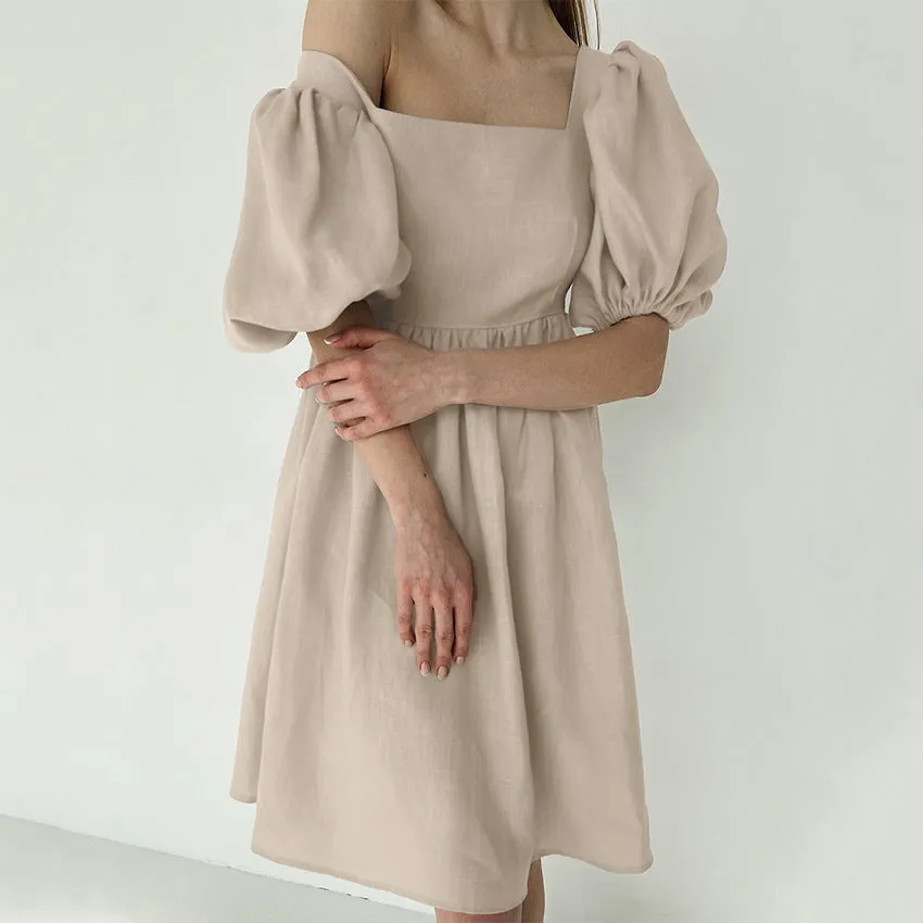 Elegant Bubble Sleeves Cotton Dress