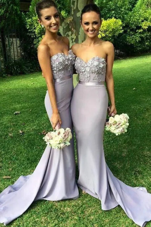 Elegant Long Mermaid Light Grey Sweetheart Appliques Beaded Bridesmaid Dresses,Prom Dress PFB0048