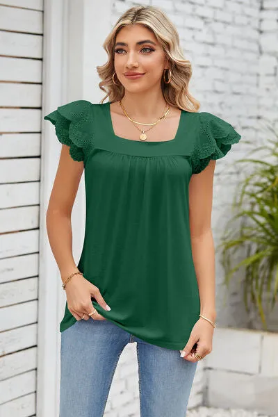 Eyelet Square Neck Cap Sleeve Blouse