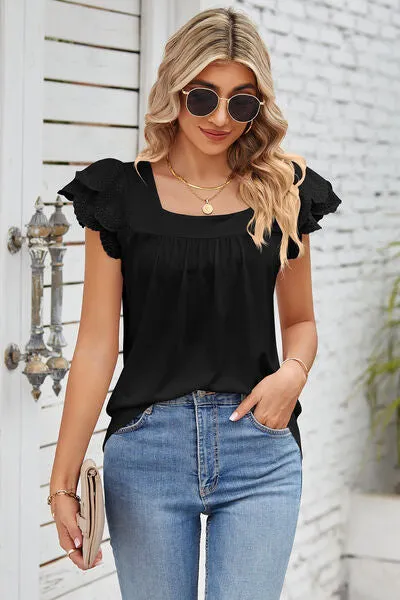 Eyelet Square Neck Cap Sleeve Blouse