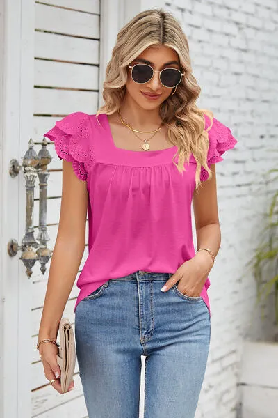 Eyelet Square Neck Cap Sleeve Blouse