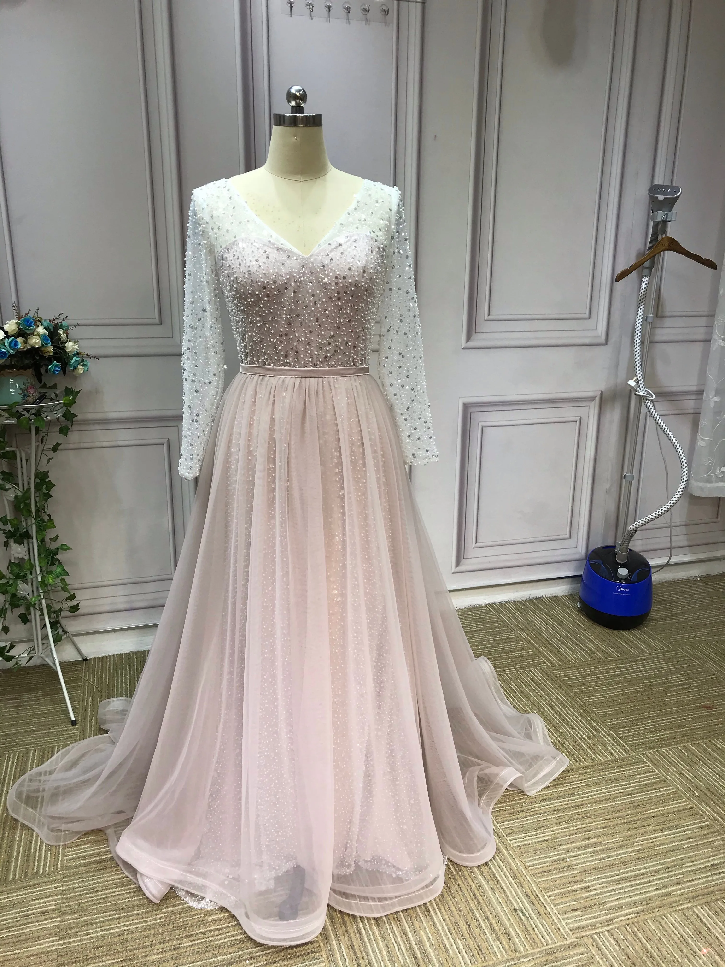 Gorgeous long sleeves heavy beaded sequins pearls dusty pink mermaid wedding dress 2021#112206